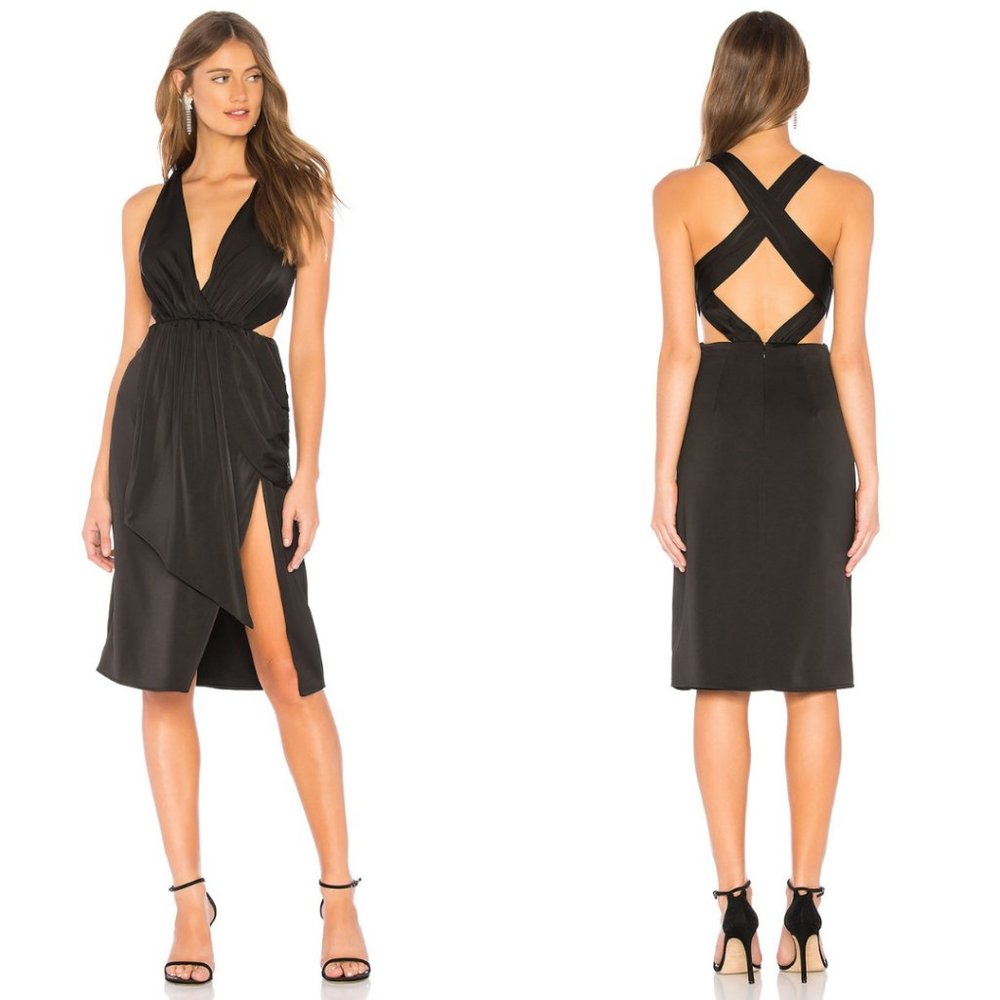 NBD Macfarlane Midi Dress in Black Crossover Shoulder Straps Women Size Medium